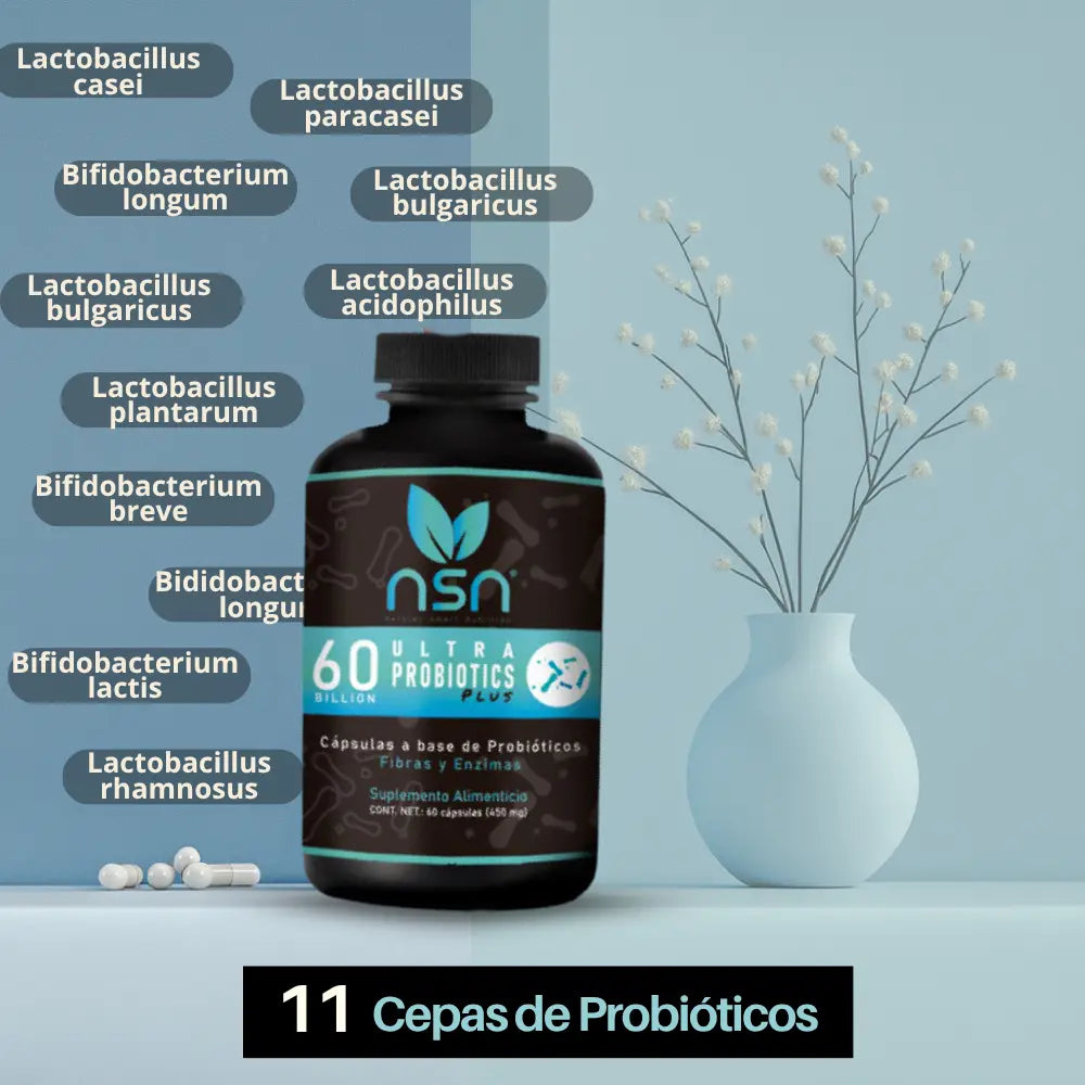 60 Billones de Probioticos Liofilizados | Ultra Probiótics PLUS | 11 Tipos de Probióticos |5 Tipos de Enzimas Digestivas con Fibra NSN