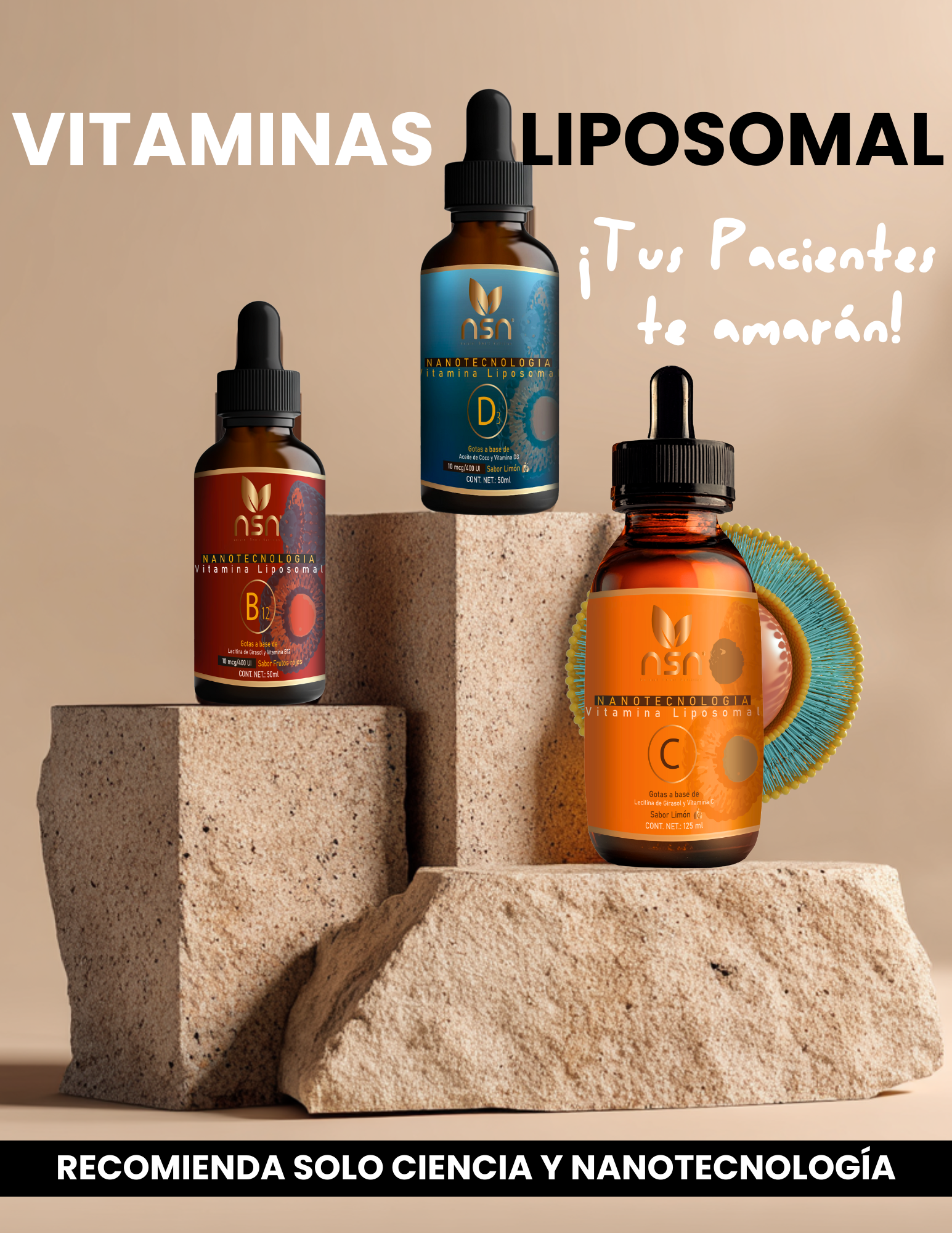 Somos el único Equipo de Desarrollo que formula vitaminas Liposomales. Liderados por la Dra. PhD Friné Velázquez, tenemos las únicas liposomales D3, B12, C y NAD en México. Mientras que la tecnología liposomal es la nueva tendencia, solo países como USA o Alemania son líderes en esta categoría, pero las nuevas leyes arancelarias tienen un impuesto extra en liposomas lo que eleva mucho sus costos de importación.Pero en Natural Smart Nutrition las llevamos directo del laboratorio hasta tu consultorio con el p