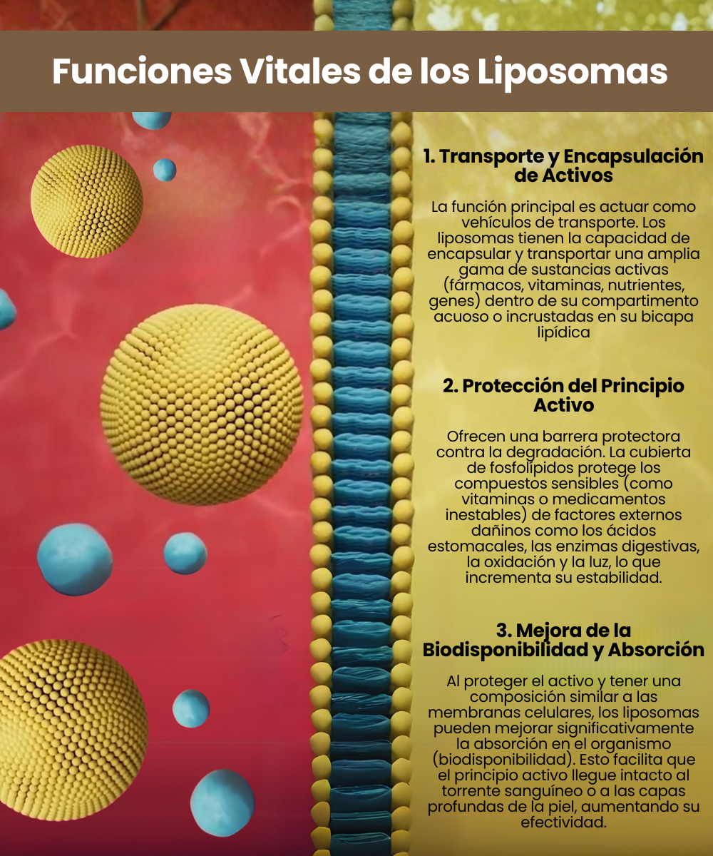 transporte y Encapsulación de Activos La función principal es actuar como vehículos de transporte. Los liposomas tienen la capacidad de encapsular y transportar una amplia gama de sustancias activas (fármacos, vitaminas, nutrientes, genes) dentro de su compartimento acuoso o incrustadas en su bicapa lipídica